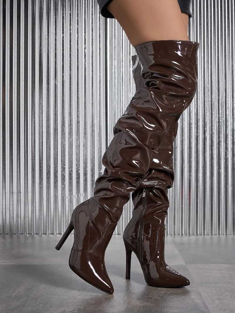 Sharp Pointed Patent Leather Fashionable Womens Boots Model Walking High Heels Boots Brown High Top Knee SizeT251223