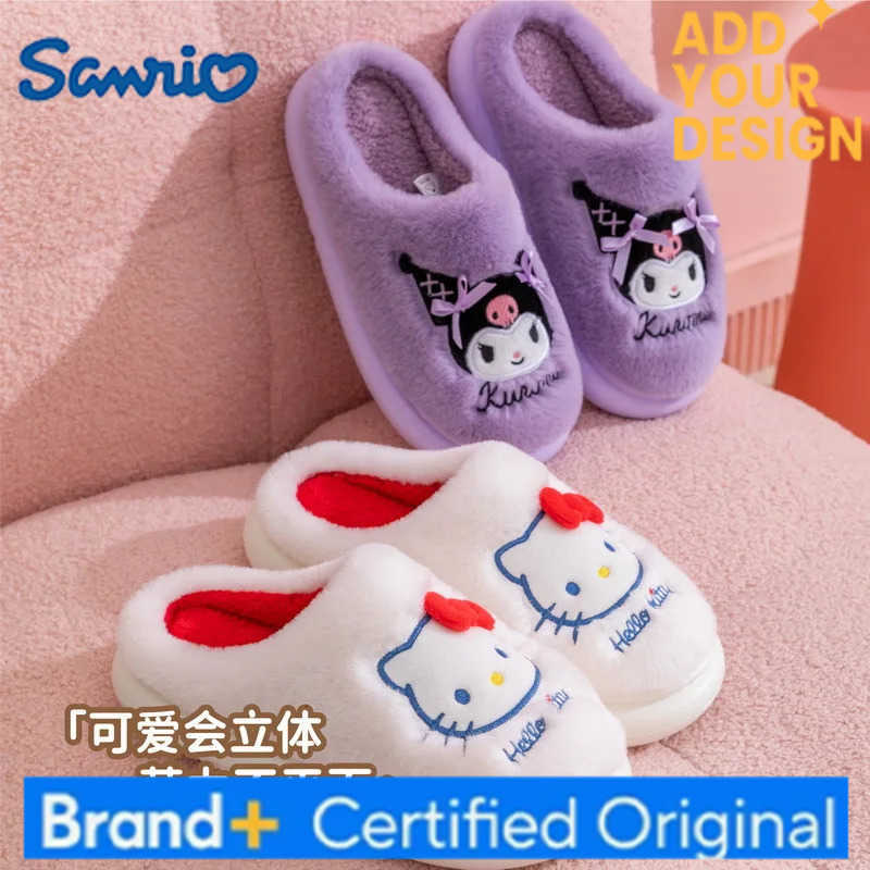 Sanrio 2025 Cute Hello Kitty Plush Warm Womens Slippers Anime Kuromi Female Home Interior Cotton Slippers Cartoon Girls Shoes H251223
