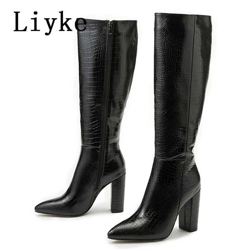 Liyke Fashion White Women Knee High Boots Sexy Snake Print Leather Pointed Toe Square Heels Ladies Long Booties Zip Female ShoesT251223