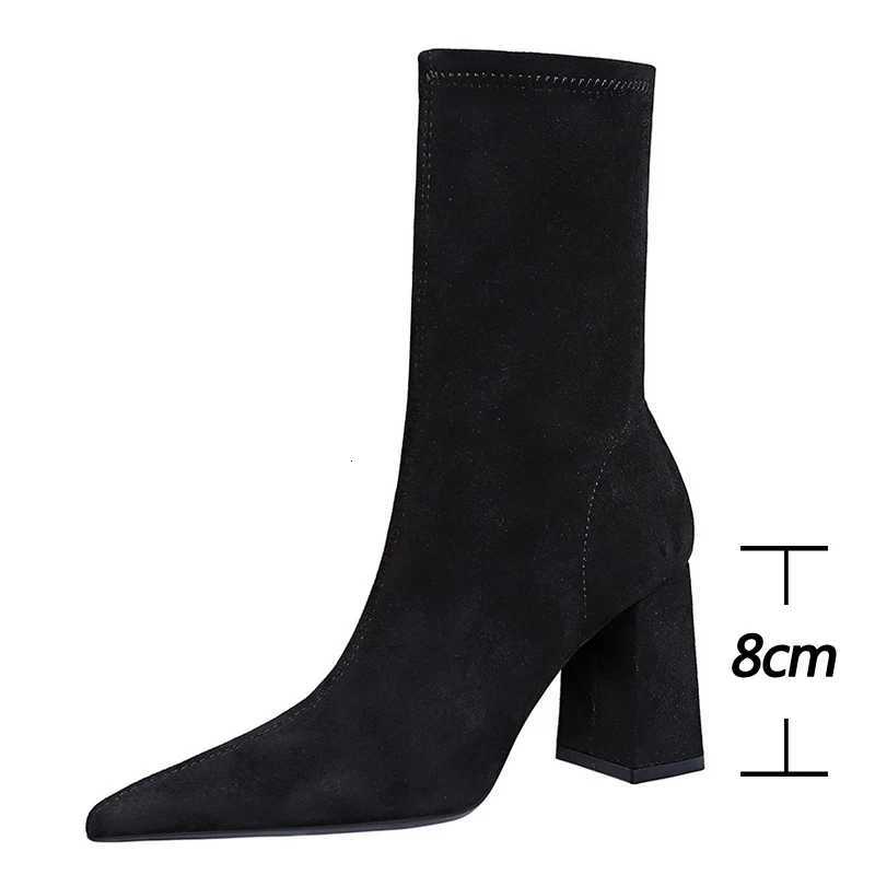 BIGTREE Shoes High Heel Boots Suede Women Ankle Boots Pointed Toe Socks Boots Thick Heel Women Shoes Warm Winter Boots Size 43T251223