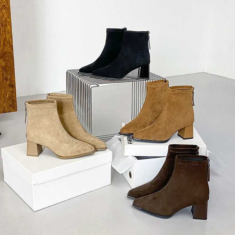 Brown Boots for Women Autumn Stretch Slim Boots Suede Short Boots for Women 2025 New Pointed High-heeled BootsT251223