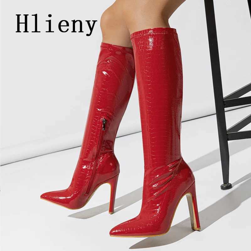 Hlieny Autumn Winter Fashion Women Knee High Motorcycle Boots Sexy Pointed Toe Square Heels Long Zipper Female Botas ShoesT251223