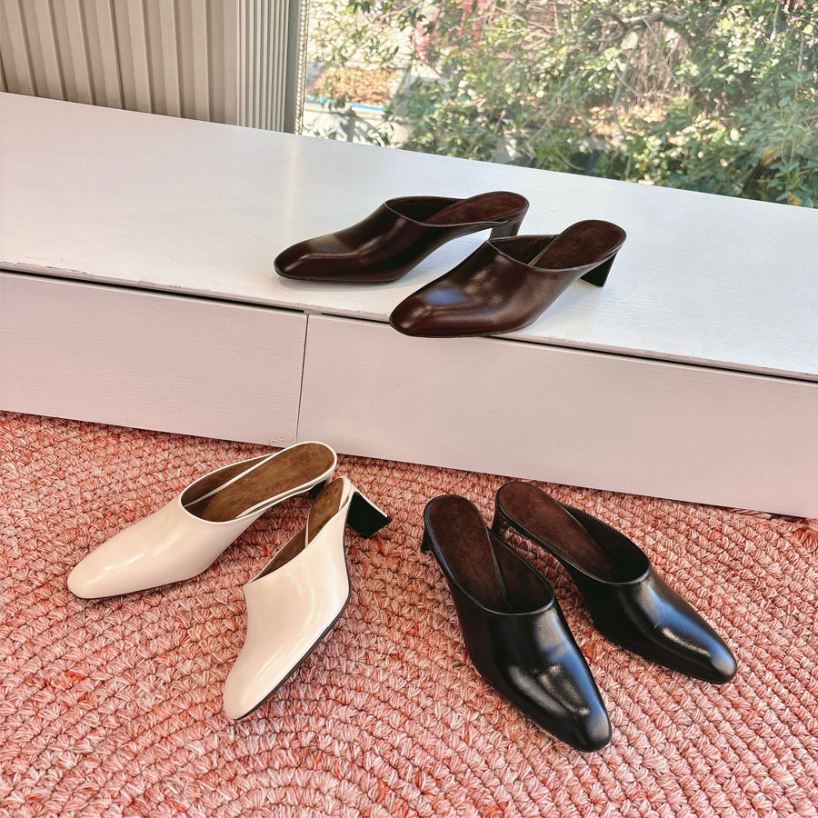 High quality new Real Leather Button khaite Mules heels Sandals Kitten heels Slipper Slides womens Luxury Designer party Evening Office shoes Size 35-41