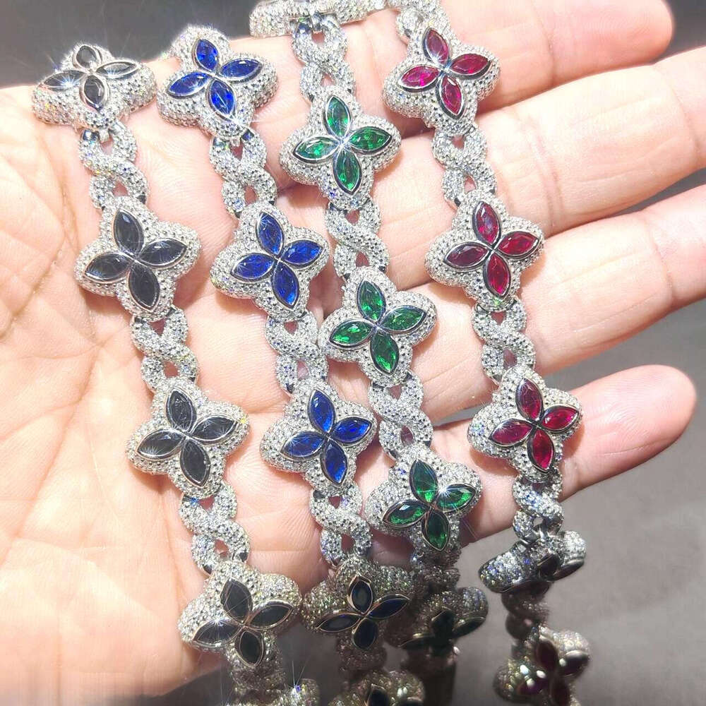 VVS Moissanite Luxurious Hip-Hop Jewelry Colorful Silicon Stone Ice S925 Silver Cuban Clover Bracelet