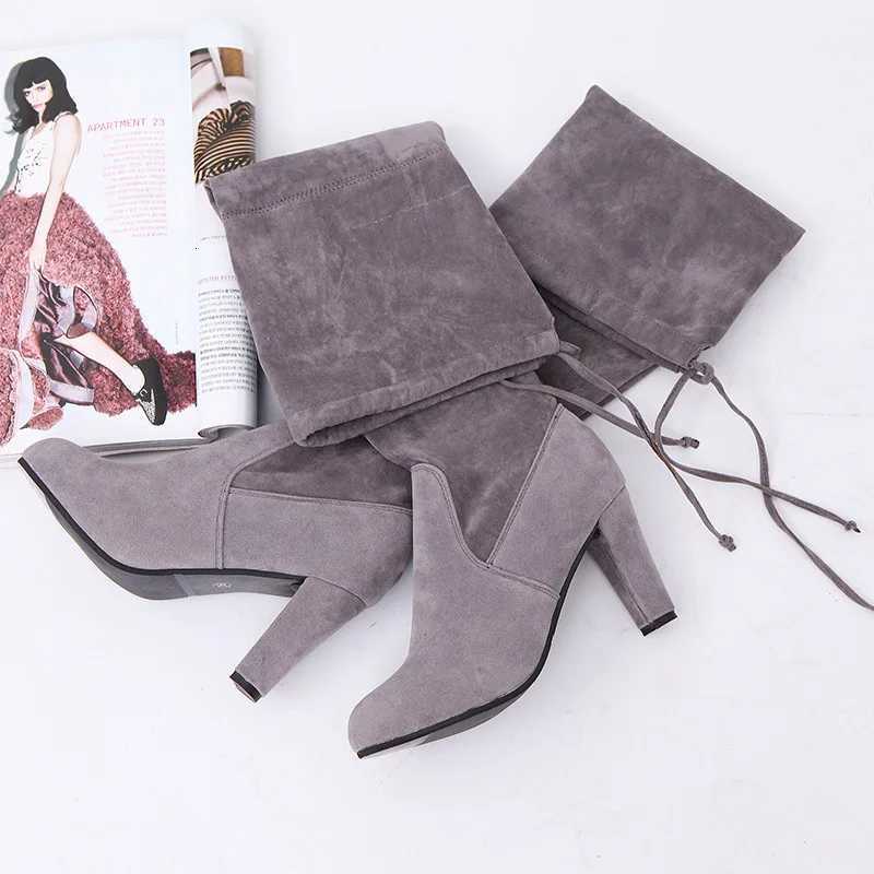 Suede Female Heels Autumn/ winter Zipper Elastic Knee-high Boots for Women Tube Lace-up Thigh Boots Black BotasT251223