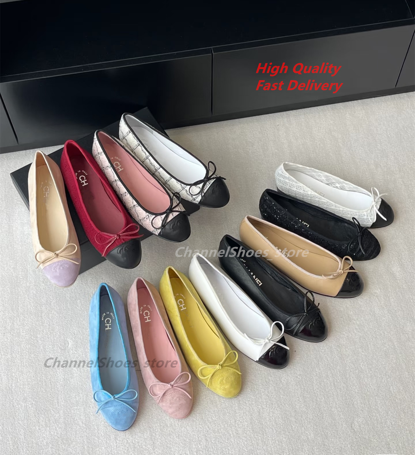 France Paris Ballet Flats Classic Shoes Women 2026 Leather Tweed Cloth Color Splice Bow Ballet Shoe torys Fashion Flats Women Luxury designer quilted Shoes cha