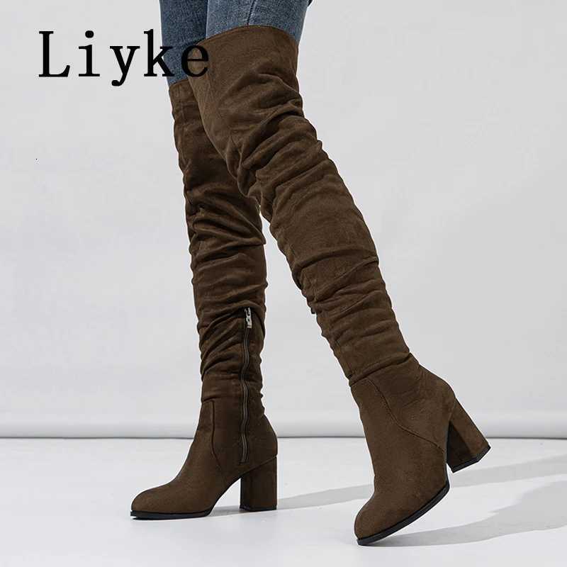 Liyke 2025 New Fashion Round Toe Zip Thigh High Boots Women Autumn Winter Chunky Heels Motorcycle Over The Knee Shoe Botas MujerT251223