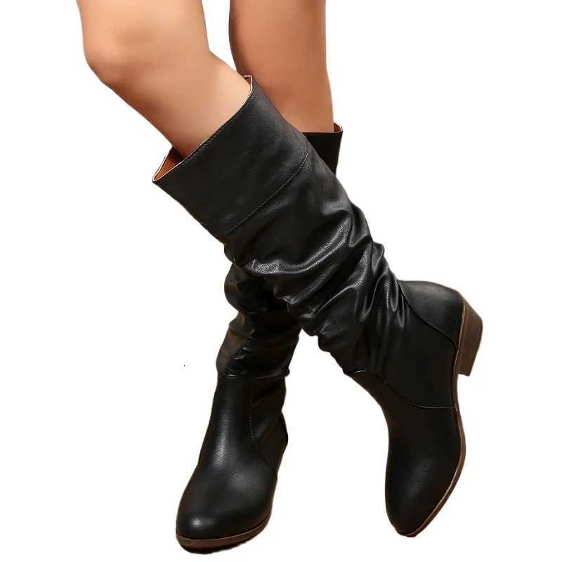 Ladies Shoes 2025 Hot Sale Slip-on Womens Boots Fashion Pleated Modern Boots Women New Round Toe Plus Size Knee-High BootsT251223