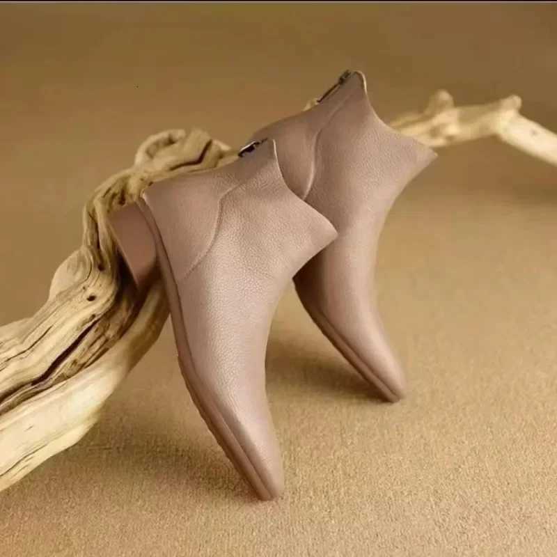 New autumn and winter soft leather bare boots with pointed and thick matching boots French retro short boots for womenT251223