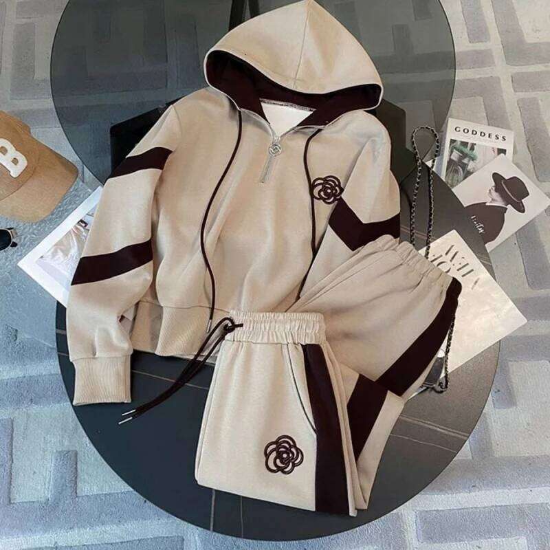 BESTBAFU Autumn Fashion Patchwork Sports Suit Women Casual Flower Print Hooded Top+Drawstring Wide Leg Pants 2-Piece Set 972P DREAM RECALL