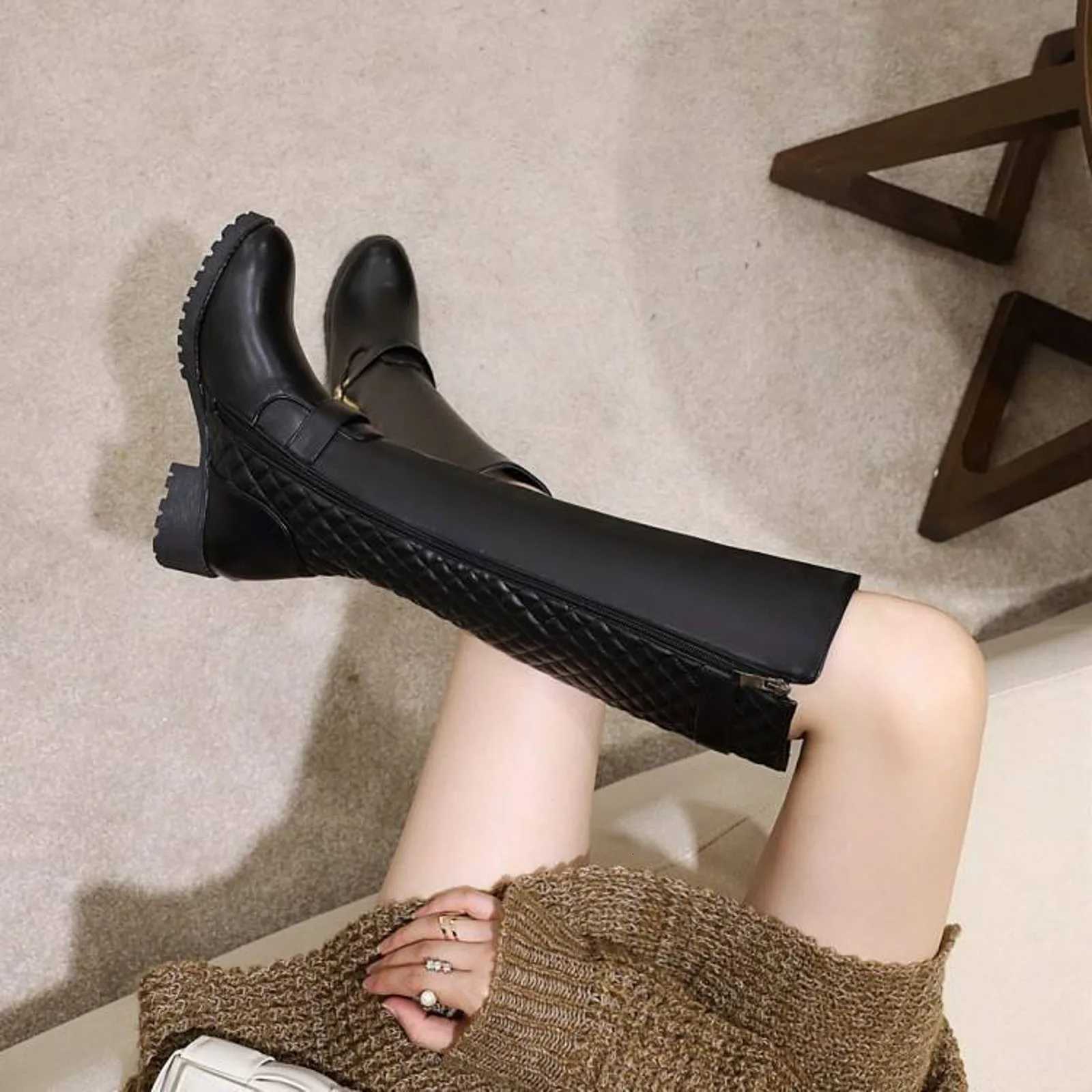 WomenS Long Zipper Belt Round Toe Chunky Heel Fashion Leather Fashion Knee Boots Womens High Boots Dress Low HeelT251223
