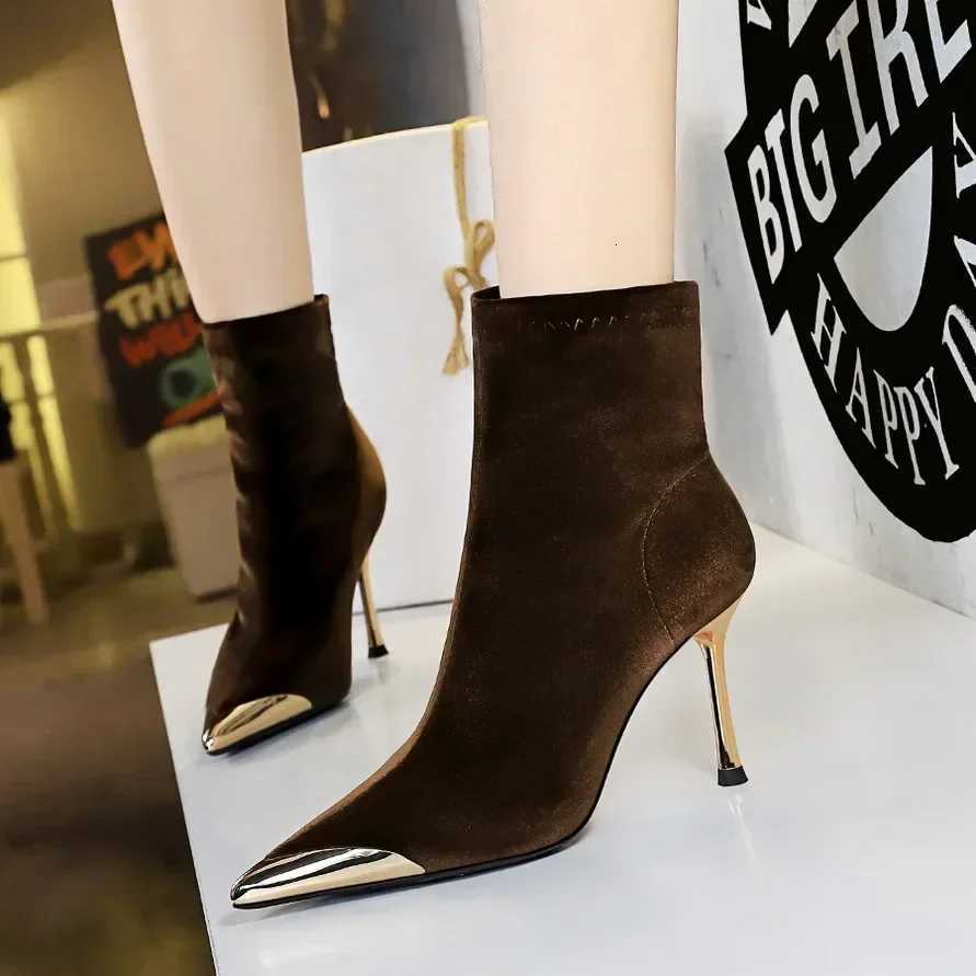 BIGTREE New Fashion Pointed Toe Elastic Ladies Short Modern Boot High Heel Shoes Women Ankle Boots Shoes Female Slip On FootwearT251223