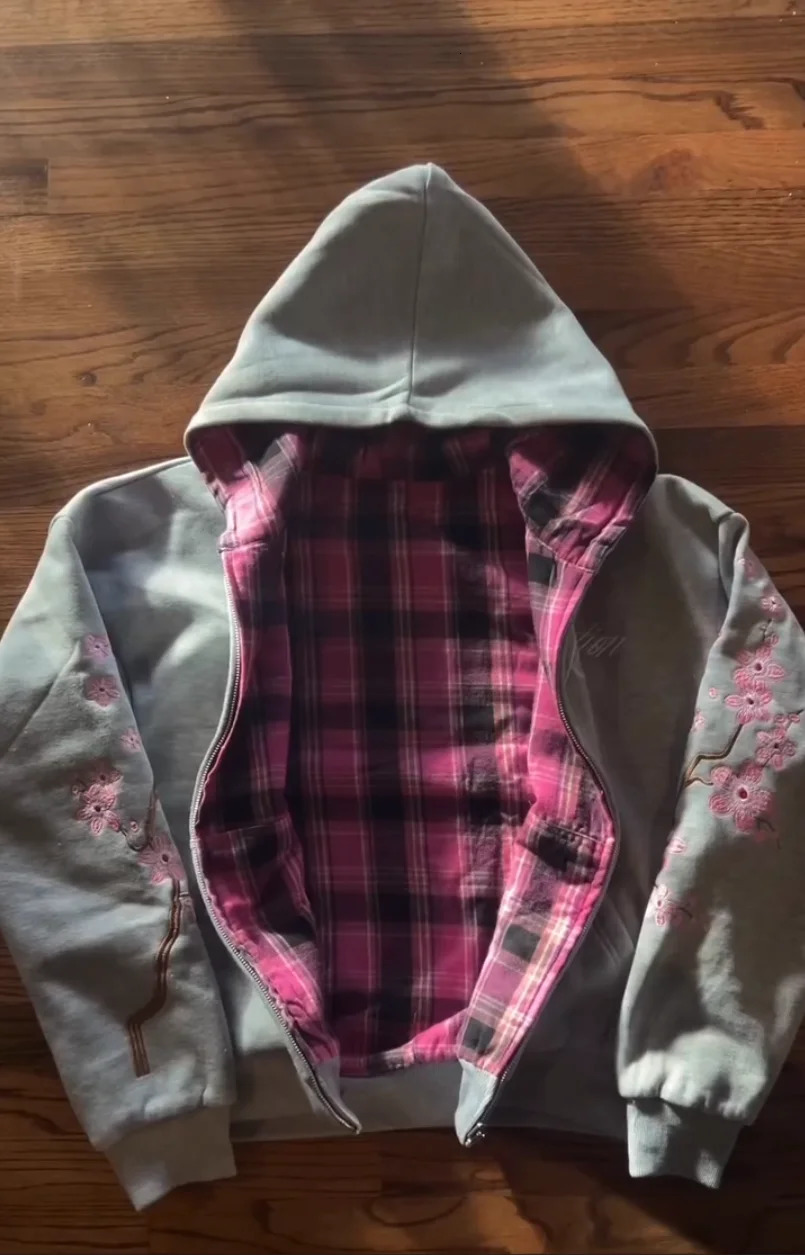Y2K Vintage Cherry Blossom Embroidery Zipper Hoodie Harajuku Loose Reversible Simple Grid Jacket Men Women Pink Coat Streetwear 251217