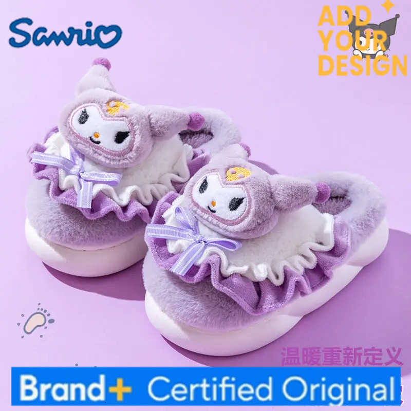 Sanrio Childrens Cotton Slippers Autumn Winter Kuromi Anime New Girls Cartoon Indoor Home Slippers Children Plus Velvet Warm H251223