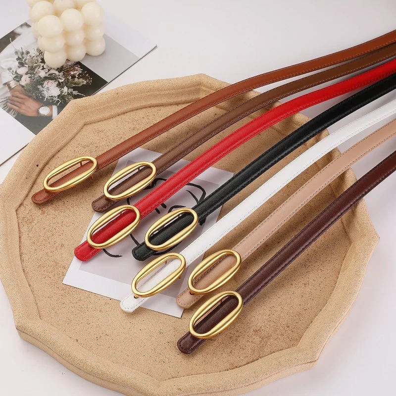 Oval Womens Skinny Leather Belt Ladies Thin Soft Waistband with Retro Gold Buckle Black Brown Belts for Jeans Dresses Pants 251222