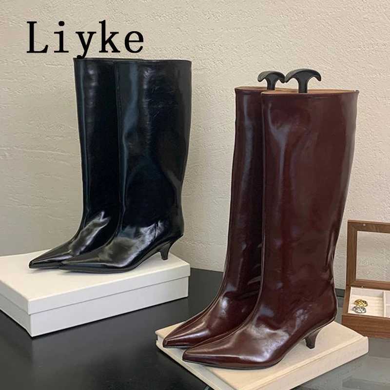 Liyke Winter Street Style Cosy Pointed Toe Woman Knee-High Boots Slip-On Low Thin Heels Shoes Female Long Booties Zapatos MujerT251223