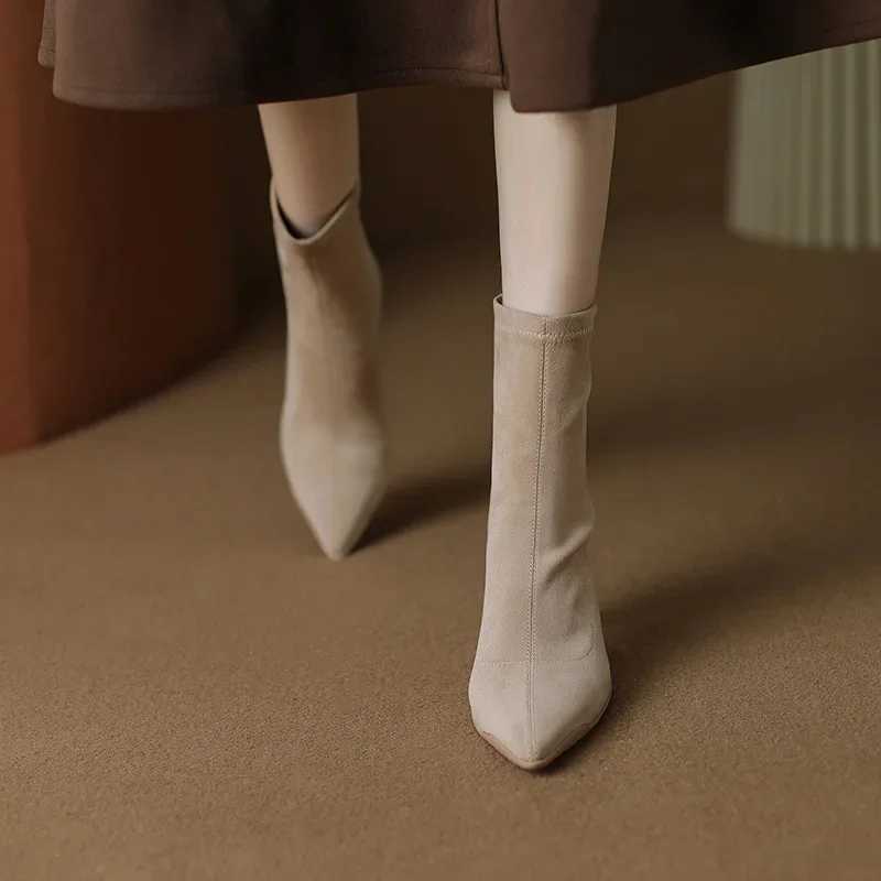 Womens Elastic Boots 2025 Autumn/winter New Pointed Suede Nude Color Non-slip Back Zipper High-heeled Fashion Boots Botas MujerT251223
