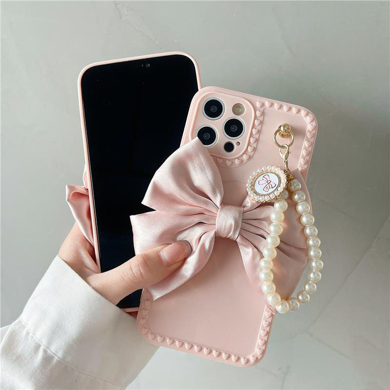 Bowknot Pearl Chain Compatible with Apple 13 Phone Case iPhone 12/11 Women X/XR/XS Max Soft 8 Plus