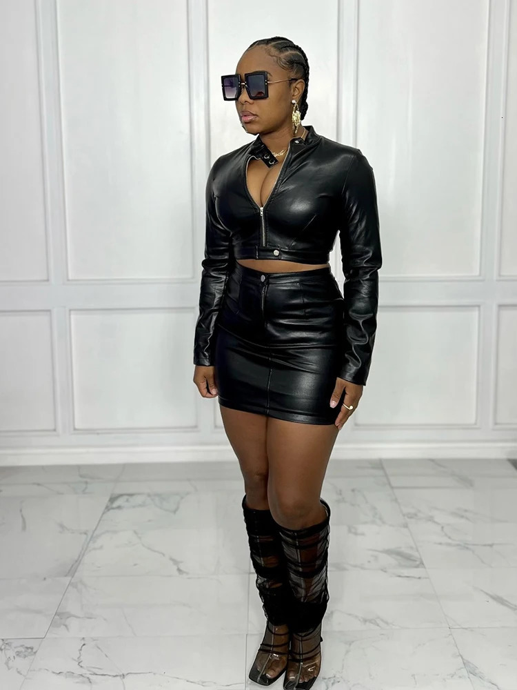 Two Piece Set for Women Night Club Outfits Long Sleeved Top and Leather Mini Skirt Sexy Outfits Female Wholesale Drop 251222 - view 4