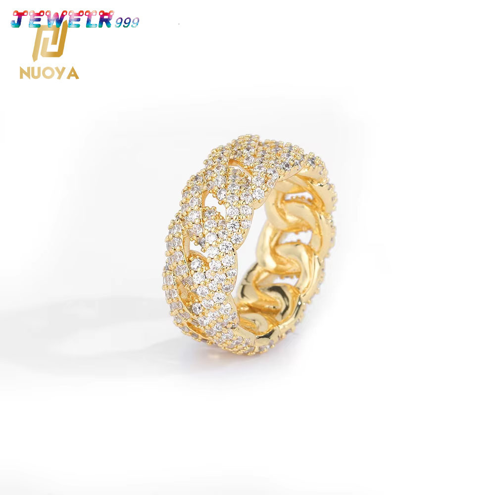 Nuoya Jewelry Hip Hop Lab Diamond Finger Ring Full Pave Moissanite Stone Iced Out Cuban Ring Gift for Men Women
