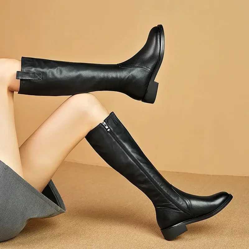Knight Boots for Women Autumn and Winter Soft Leather Square Heel Zip Modern Boots Fashion Round Toe Thin Fleece Knee-high BootsT251223