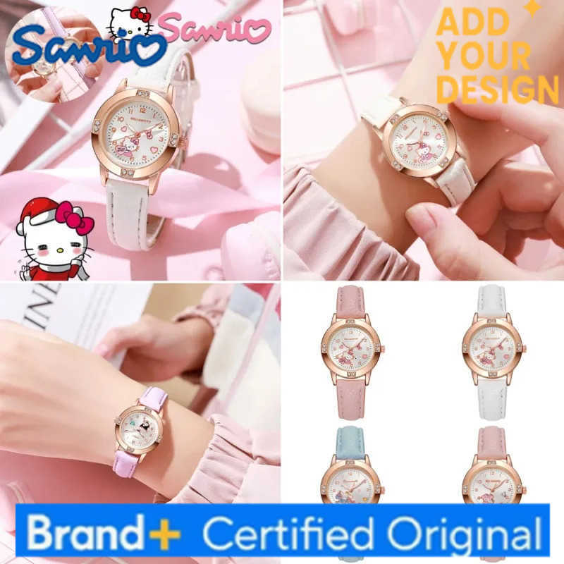 Sanrio Hello Kitty Anime Kuromi My Melody Cinnamoroll Wristwatch Luxury Rhinestone Quartz Watch for Women Leather Strap Gifts H251223