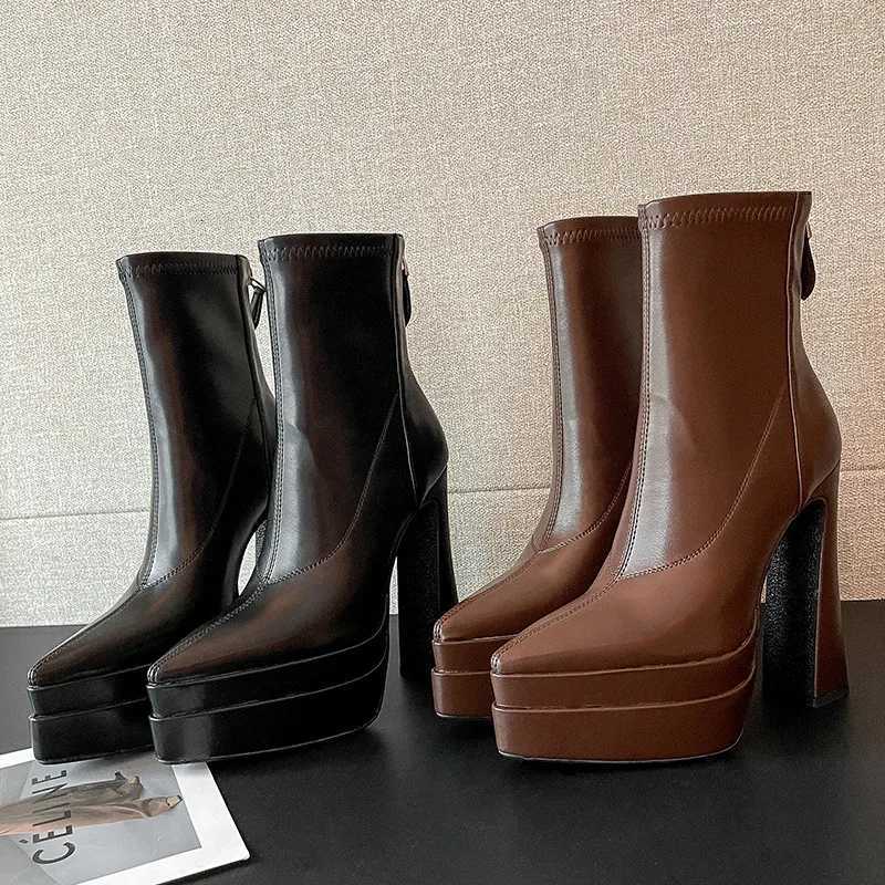 MKKHOU Fashion Short Boots Womens New High Quality Genuine Leather Boots Pointed Zipper Thick Bottom Ultra High Heels BootsT251223
