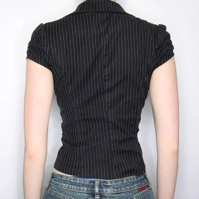 American Sexy V-neck All-match Striped Shirt Women Slim Waist Blouses Summer Short Sleeve Black Blusas De Mujer 251222
