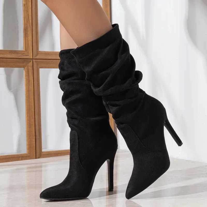 Women Pleated High Thin Heel Mid-calf Boots OL Outdoor Nightclub Evening Party Wedding Banquet Soical Gathering Botas De MujerT251223