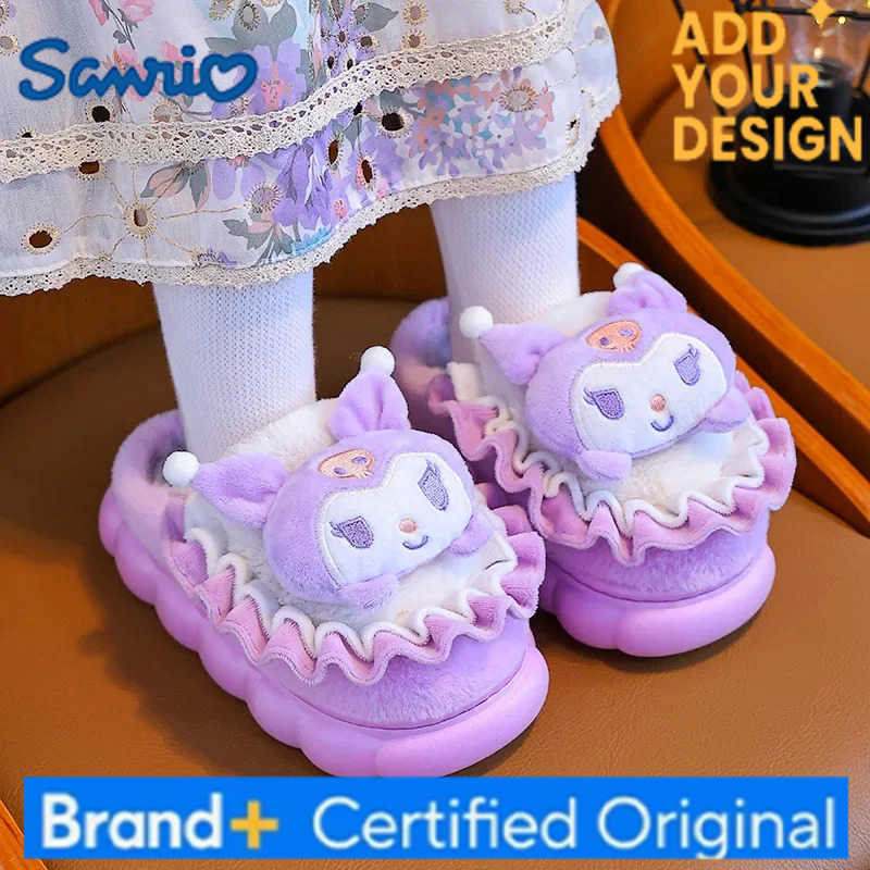 Sanrio Kawaii Hello Kitty Kuromi My Melody Cinnamoroll Women Cotton Slippers Winter Home Round Toe Casual Flat Warm Slippers H251223