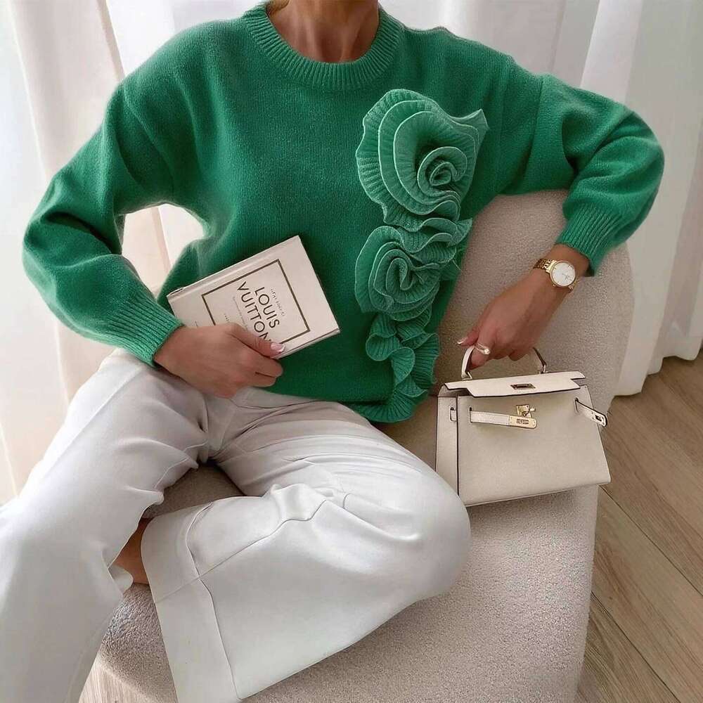 Autumn And Winter Fashion New Women's Elegant Knitted Cashmere Sweater Three Dimensional Flower Color Contrasting Hoodie DREAM RECALL