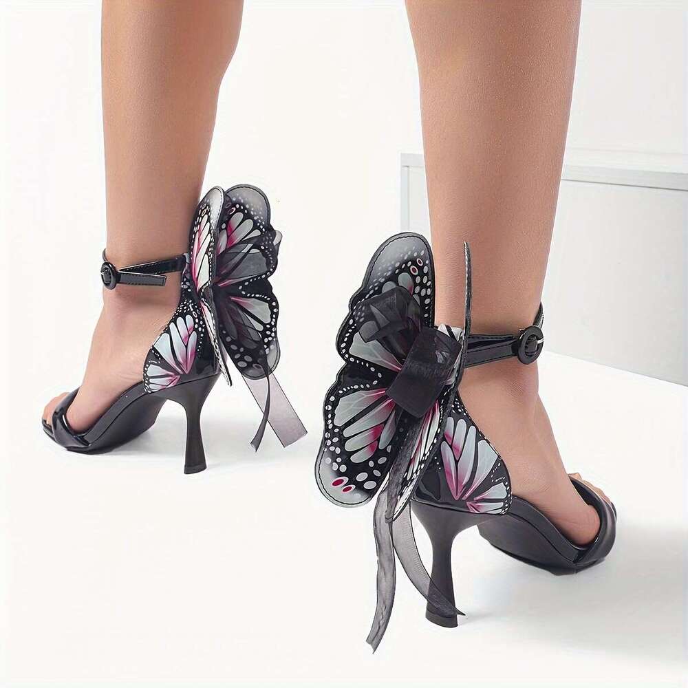 Women's Butterfly Design High Heels, Personality Fashion Open Toe Ankle Strap Stiletto Sandals, Stylish Party Dress Shoes MOJIDASHU