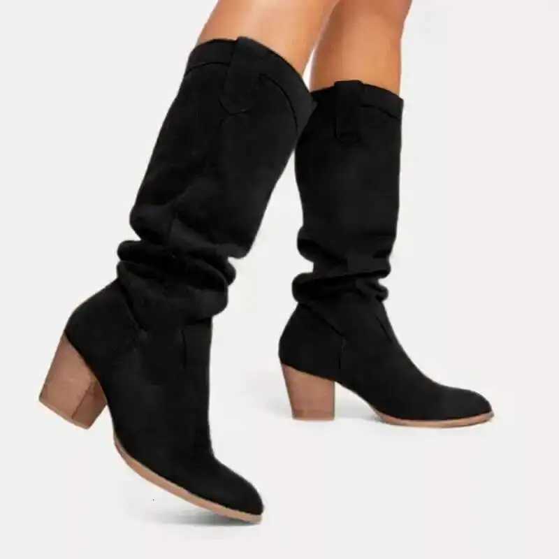 Vintage Pleated Boots Suede Chunky Heels Pointed Toe Womens Mid-Calf BootsT251223