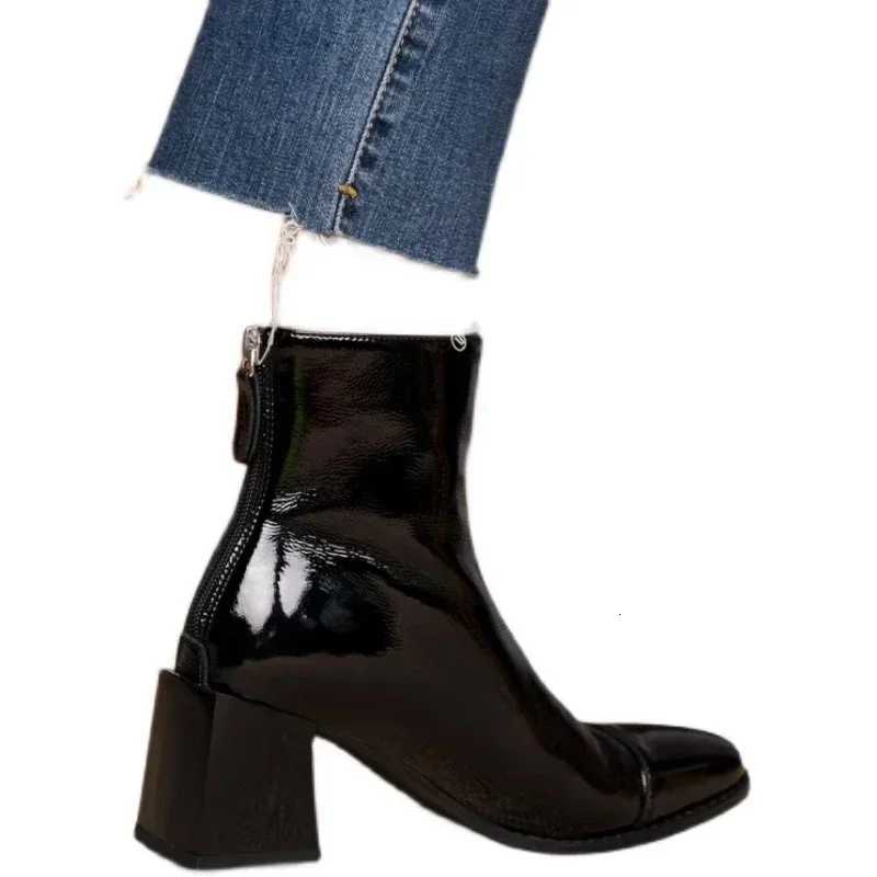 2025New Patent Leather Womens Autumn and Winter Square-toed Chunky Heel Shows Slimming High-heeled Short-leg BootsT251223