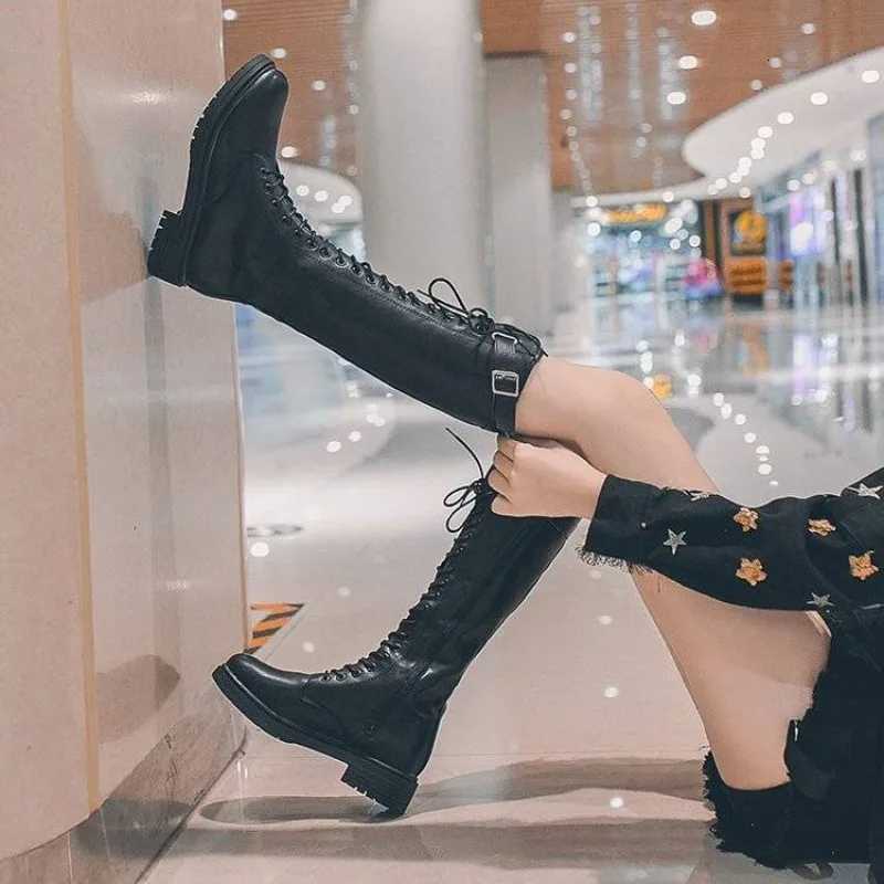 Shoes for Women Black Middle Heel Footwear Winter Knee High Shaft Long Ladies Boots with Laces Lace-up on Promotion New Rock PuT251223
