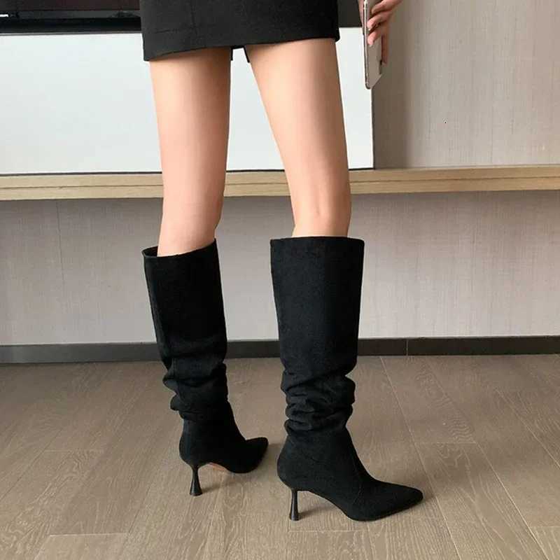 Pleated Faux Suede Knee-High Boots Women Pointed Toe Slip-On Western Cowboy Boots Woman 2025 Autumn Thin Heels Long Botas MujerT251223