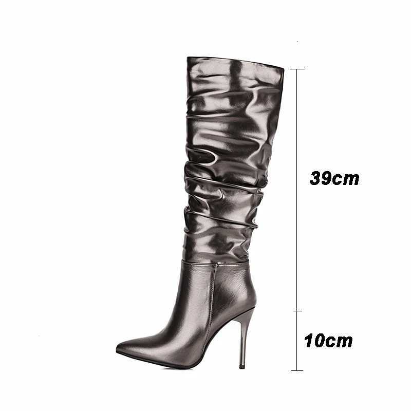 Kcenid Silver Gold Knee High Boots Women Pleated Pointed Toe Thin High Heels Dres Party Shoes Autumn Winter Long Boots WomanT251223