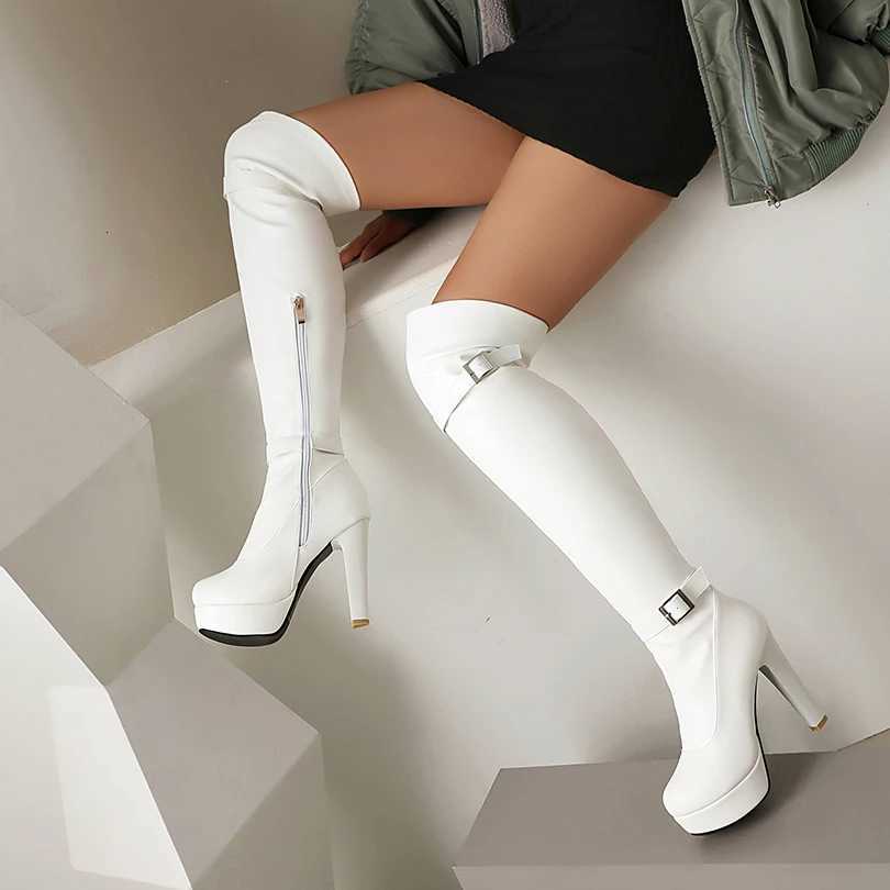 Double Row Metal Belt Buckle Side Zipper Round Toe Platform Ultra-High Thick Heel Over The Knee High Boots New Long BootsT251223