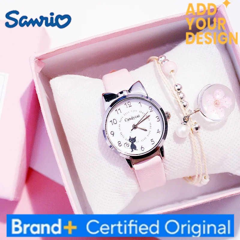 Sanrio Fashion Kids Leather Strap Quartz Watch Children Set Bracelet Watch Student for Girls Clock Kids Watch Cute Cat Gold Dial Watch H251223