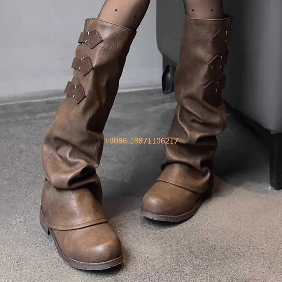 Genuine Leather Round Womens Boots 2025 Street Belt Buckle Solid Color Fashion Casual Trouser Boots Pleated Retro Mid-Calf BootT251223
