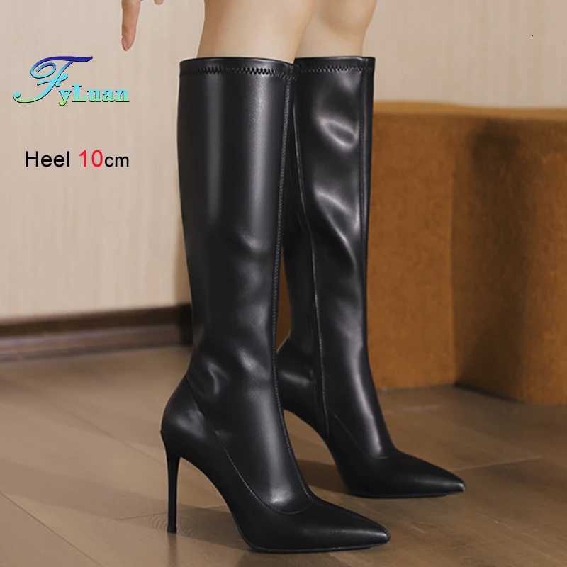 Autumn Single Boots Fashion Thin Heel Women Knee-high Boots Black Soft Leather Pointed Toe Zipper Jackboot Lady High Heel ShoesT251223