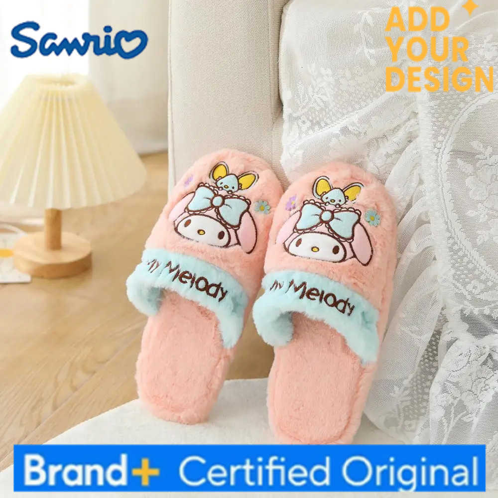 Sanrio Cute Female Kuromi Plush Slippers Anime My Melody Keep Warm Kawaii Cinnamoroll Cartoon Thicken Indoor Anti-Slip Home Slippers H251223