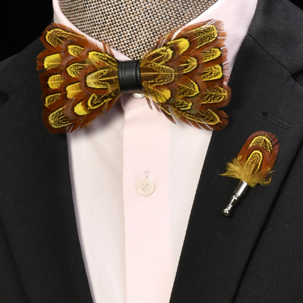 KAMBERFT 67 style Natural Feather Bow tie Exquisite HandMade Mens BowTie Brooch Pin Wooden Gift Box Set for Wedding 251022