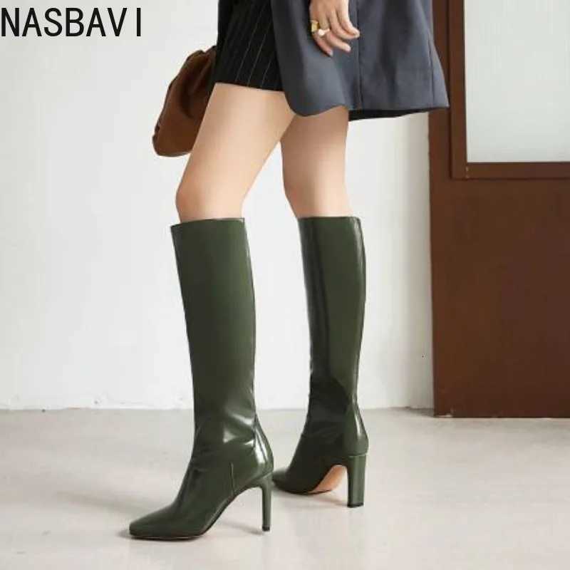 NASBAVI Black White New Square Toe Microfiber Super High Heel Boots Green Square Heel Plush Knee Boots Pu Sleeve Womens ShoesT251223