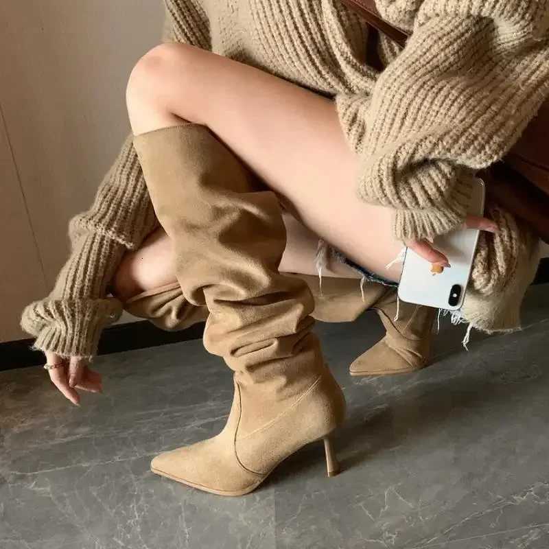 Pleated Faux Suede Knee-High Boots Women Pointed Toe Slip-On Western Cowboy Boots Woman 2025 Autumn Thin Heels Long Botas MujerT251223