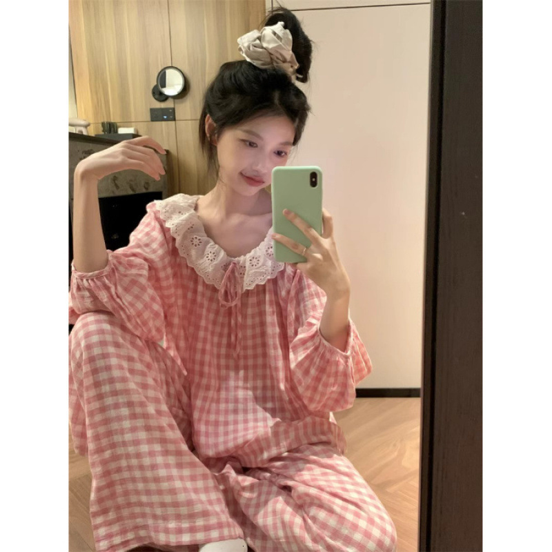 Plaid Pajamas Set Women Sweet Princess Cute Cotton Pyjamas Sexy Lace Full Sleeve Autumn 2Piece/Set Home Mom Sleepwear 210924