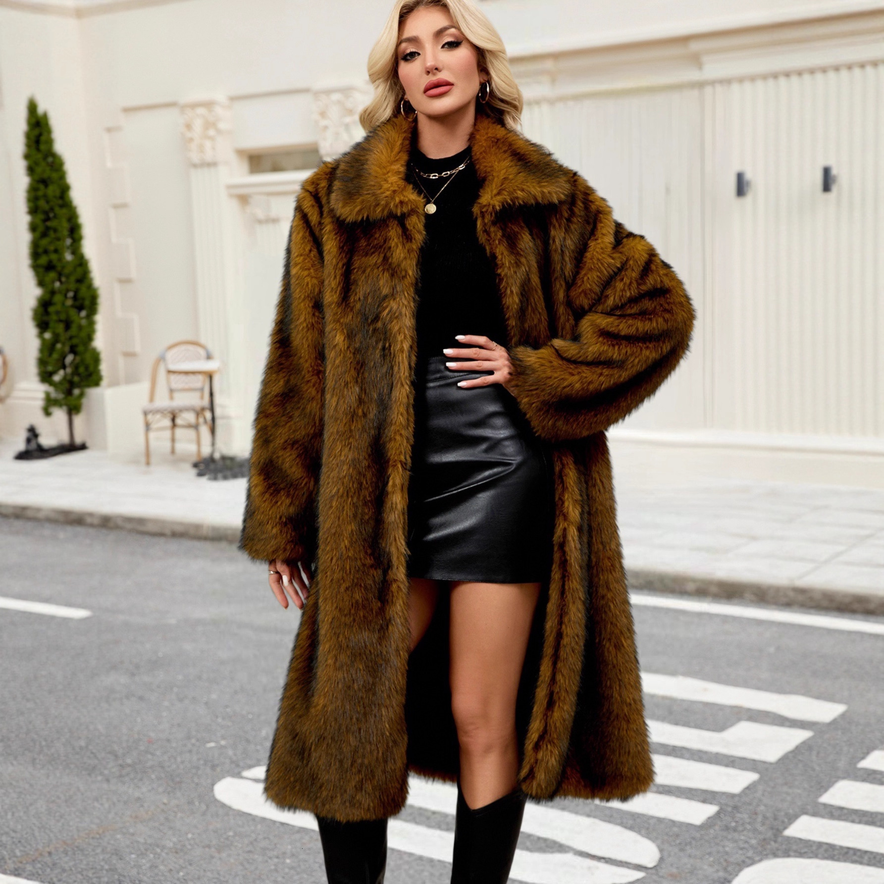 1017 Cross-Border European and American Amazon Autumn Winter Women's Long Warm Faux Fur Plush Coat Faux Fox Fur Overcoat