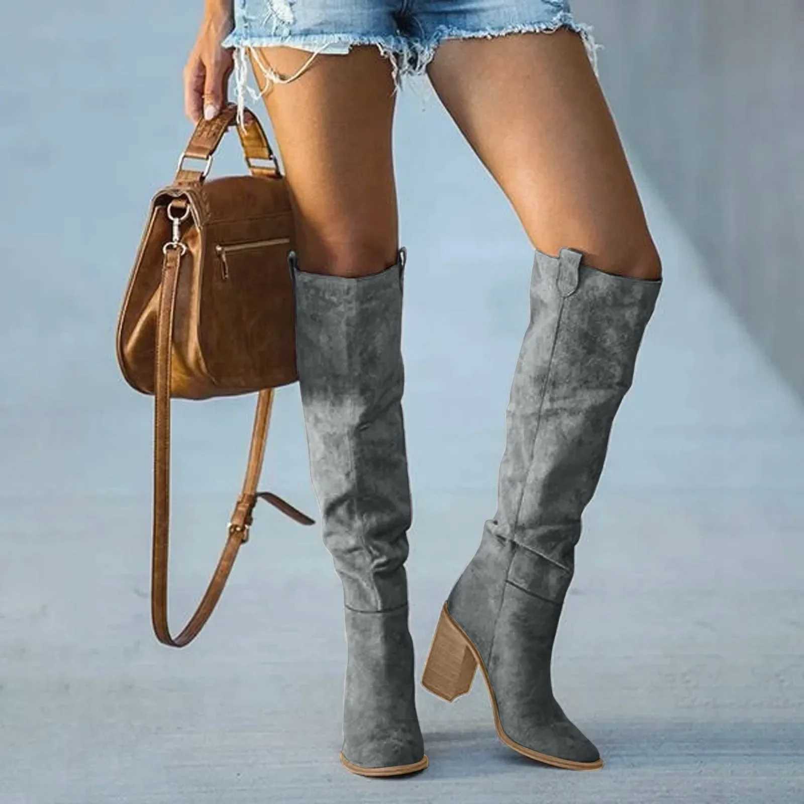 Women Fashion Casual Vintage Retro Long Knee-high Cowboy Boots Square Heel Shoes Boot WomanT251223