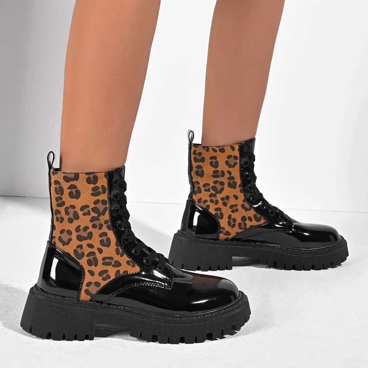 Women Boots High Quality Cross-tied British Style Boots Women Fashion Leopard Print Casual Shoes Women Round Toe Mid-Calf BootsT251223