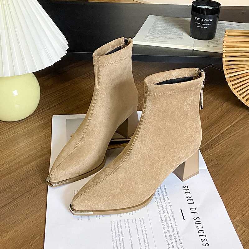Brown Boots for Women Autumn Stretch Slim Boots Suede Short Boots for Women 2025 New Pointed High-heeled BootsT251223
